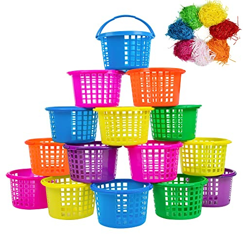 Eternity sky 18PCS Easter Small Plastic Baskets with Handles Bulk, 70g Faux Grass Confetti Strips Accessories Filler Stuffers for Spring Decorations Party Supplies Favors