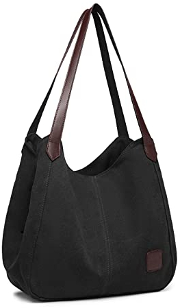 KONO Damen Canvas Schultertasche Vintage Hobo Handtasche Umhängentasche Shopper Tasche für Arbeit Schule Reise (Schwarz)