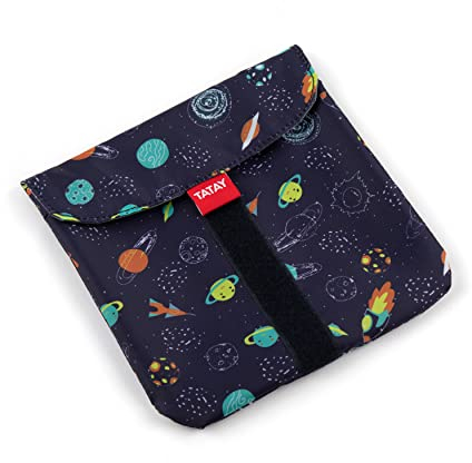 TATAY Sacchetto Porta Merenda Riutilizzabile - Urban Food Tessile Pocket | Porta Panino Regolabile con Chiusura a Strappo | Fodera PEVA Impermeabile | Senza BPA | 18x0,3x18 cm, Pianeti Blu