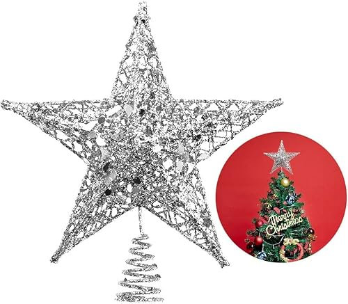 Topper étoile de Sapin de Noël, Topper de Sapin de Noël Scintillant 5 Points Star Treetop pour Ornement de Sapin de Noël intérieur fête décoration de la Maison 6 Pouces (Silver)