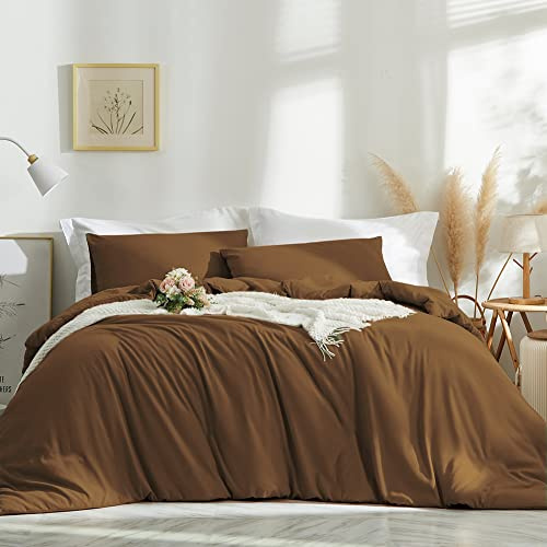 Michorinee Housse de Couette 200x200 Marron Parure de Lit 2 Personnes en Microfibre avec Fermeture Éclair, Parure Housse Couette Adulte Couleur Unie avec 2 Taie d'oreiller 65x65 cm