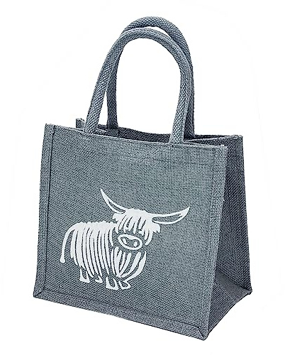 Small Jute Grey Lunch Gift Bag with Highland Cow Print - 24 cm high x 26 cm Wide x 17 cm Depth…