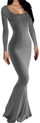 Rongseng Vestito Donna Maniche Lunghe Aderente Abito Lungo con Scollo Quadrato Sexy Tinta Unita Maxi Bodycon Vestito Elasticizzato Abito da Cocktai per Feste e Cerimonie Discoteca