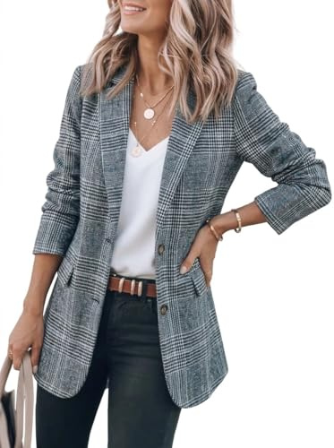 IDEALSANXUN Damen Tweed-Blazer, lässig, kariert, Hahnentritt-Blazer, Arbeitsanzug, Jacken, Blau, M
