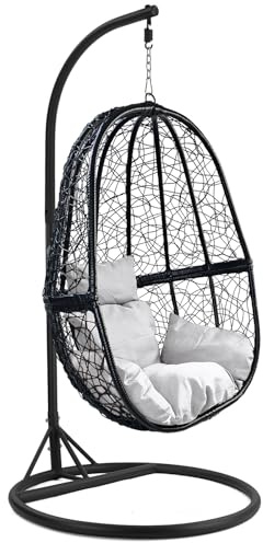 RAMROXX Luxus Hängesessel Fun XL Gestell Schwarz mit Korb Schwarz und Kissen Weiss