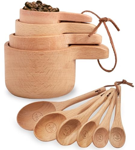 10 Piece Measuring Cups and Measuring Spoons Set, Handcrafted Wood Measuring Cups with Tablespoon Teaspoon Measuring Spoons for Dry Ingredients, Natural Wooden Measuring Set for Cooking Baking
