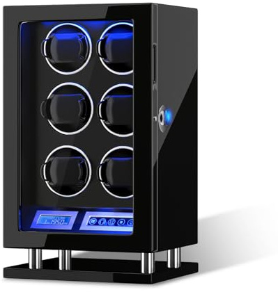 DUKWIN Watch Winder for 6 Automatic Watches, Fingerprint Lock Watch Winders with LCD Touchscreen, Blue LED Light, Remote Control,Adjustable Pillow and Quiet Motor for Universal Watches, 5TPD