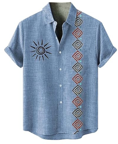 RUMAOZIA, Camicia da uomo casual, stile africano dashiki, con stampa cowboy western retrò, a maniche corte, estiva, a girocollo, stile etnico, con bottoni, camicia hawaiana, con colletto, blusa da