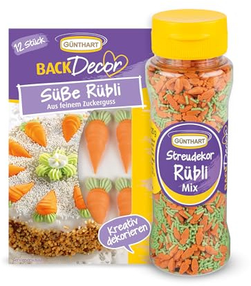 Günthart Zucker-Rübli Set, 12 Zuckerdekor-Rübli, 120 g Streudekor Rübli-Mix | Perfekte Tortendeko für saftige Karottenkuchen, Cupcakes, Ostergebäck, Essbare Karotten-Deko für Backkreationen, Streusel