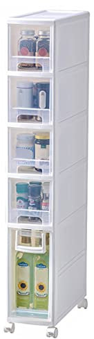 Narrow Slim Rolling Storage Cart with 2 Tier Drawers - Kitchen Plastic Storage Cabinet for Small Spaces, Ideal for Bathroom or Beside Fridge, White