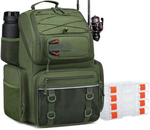 FRETHIND Zaino da Pesca con Scatole (Incluse), Lure Fishing Bag Borsa per Pesca da 50 l con Vano Frigo, Scatola Impermeabile, Grande Fishing Backpack per Campeggio e Avventure All'aria (Verde)