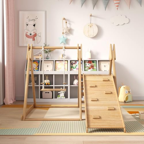 ZHPPED 3 in 1 Klettergerüst, mit Klettergerüst, Schaukel, Kletterseil und Netzleitern, Holz Indoor Kletterspielzeug Kombispielzeug für Kinder ab 3-8 Jahren