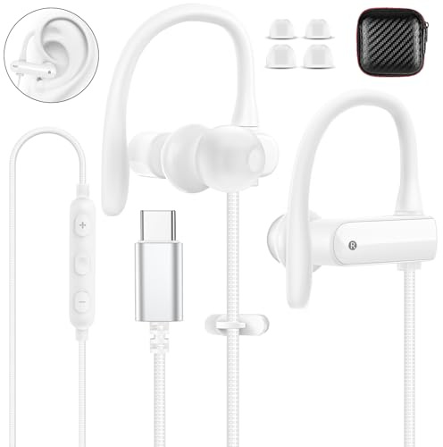 USB C Headphones Over Ear Wired Earbuds Type C Earphones with Mic White | C Plug Wrap Around Ear Buds Running Sport Headset for Google Pixel 10 9/Galaxy A16 A36 S26 S25 for iPhone 17 16 15/iPad 10th