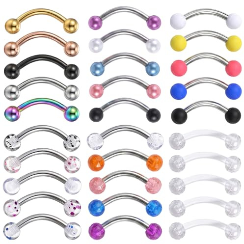 Neyauo 30Pcs 16G Stainless Steel Eyebrow Rings, Curved Barbell