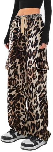HVEPUO Sommarbyxor dam, lätta sommarbyxor, bomull, hög midja, bomull, fritidsbyxor, Brun leopard., L