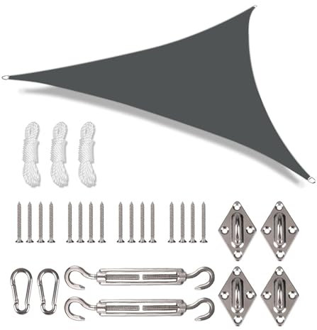 3x3x3m Triangle Sun Shade Sail with Fixing Kit, 280gsm Waterproof,98% UV Block Polyester Shade Sails Sunshade Canopy Awnings for Outdoor Patio Garden with Free Rope (Grey)