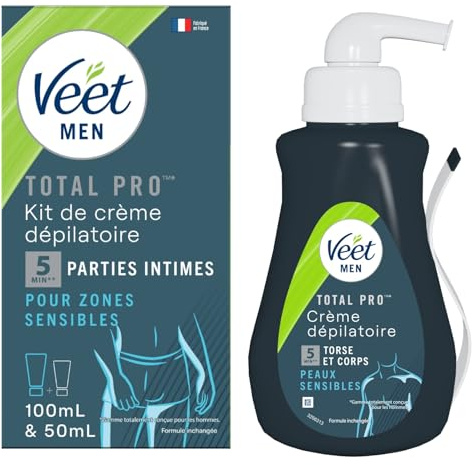 VEET MEN - Lot de 2 Crèmes Dépilatoires Homme Peaux Sensibles - Corps & Torse 400ml - Zones Intimes 100ml avec Baume Soin Aloe Vera 50ml