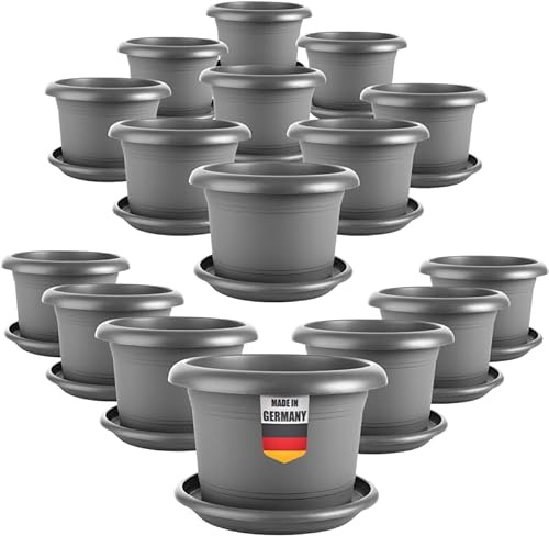 2friends 16er Set Pflanzkübel für Außen 30cm Durchmesser - Groß Anthrazit Tomatentöpfe Blumentöpfe mit Untersetzer aus Kunststoff, Wetterfest, für Garten, Balkon, Terasse