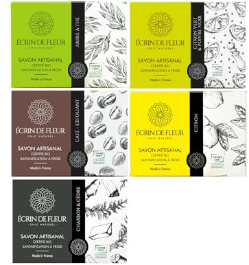 Écrin de Fleur - Coffret magnifique de 5 savons à froid artisanaux français (arbre à thé, charbon et cèdre, café, citron vert et poivre noir, citron)