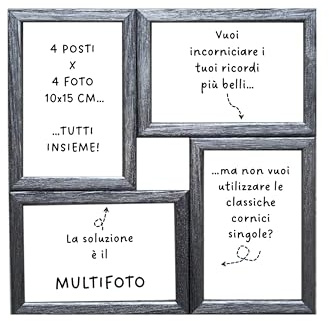 Wallazz Cornice Portafoto Multifoto Multipla in Legno Pregiato - Made in Italy - 4 foto 10x15 cm - Dimensioni esterne 29x29 cm - Design Italiano e Qualità Artigianale. Colore Argento Perla