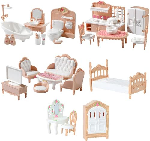 32 Pcs Doll House Furniture Set, Miniature 1:12 Scale Mini Dolls House Furniture, Wooden Dolls House Furniture with Kitchen, Dining Room, Living Room, Bedroom, Bathroom for Children Kids Playhouse Toy
