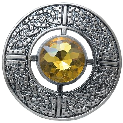 Scottish Kilt Fly Plaid Brooch – Celtic Knot Design with Sparkling Stone, Handcrafted Tartan Sash Pin, Elegant Highland Dress Accessory for Women (Silver Antique, Yellow)