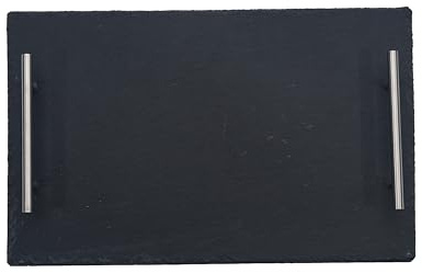Schiefer Servierplatte 40x30 cm – Käseplatte, Antipasti Servierbrett mit Edelstahlgriffen, Naturstein, rustikale Servierplatte für Snacks & Fingerfood – edles Serviertablett für Party & Küche