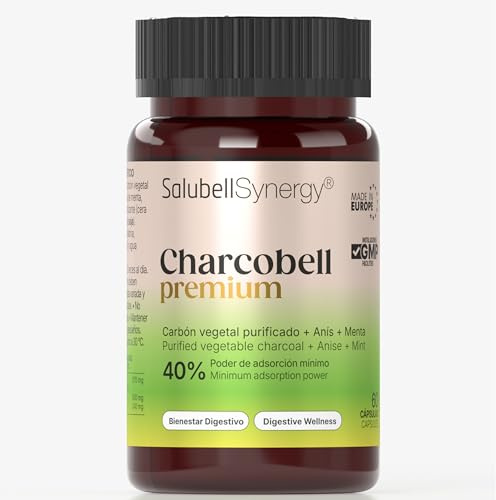 Salubell Synergy® Charcobell PREMIUM, 60 cápsulas. Carbón Vegetal Activado, Cáscaras de Coco seleccionadas. Producto altamente purificado con una Estructura Microporosa Excepcional.