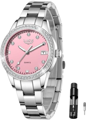 LIGE Montre Femme - Analogique Quartz Lunette Strass Cristal - Cadran 34mm | Affichage Date Aiguilles Lumineuses 3ATM Étanche - Montre Métal Élégante Mode Cadeau pour Femme