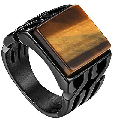 Flongo Herren Ring Männer Ringe, Edelstahl Band Ring Tigerauge Schwarz Ton Hochzeit Verlobung Engagement Bandring Siegelring Daumenring Schmuck Herren-Accessoires