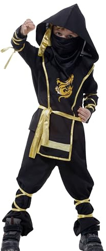 EOZY Ninja kostym för barn 4-12 år,Halloween kampsport Ninja kostymer för barn svart och guld för Halloween karneval,Cosplay