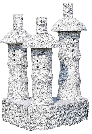 IDYL Stenlykta Granit Fuji 3-vägs bambuhus | frostbeständig | höjd 90 cm | grå | handarbete | asiatisk dekoration för trädgård – damm – som vägbelysning | lämplig för belysning