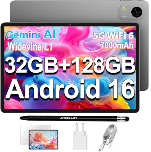TECLAST M50T Android 16 Tablette 10 Pouces Gemini AI, 32Go RAM+128Go ROM (TF 5To), 2GHz Octa Core, 2.4G+5G WiFi, 7000mAh, Widevine L1, BT 5.4/13MP/3.5MM/OTG/Face ID, Tablette Tactile avec Stylet, 2026