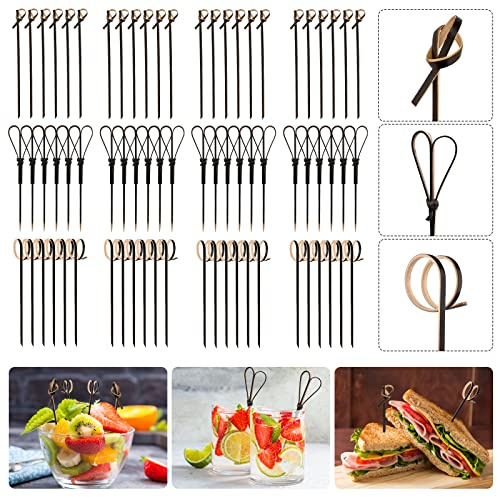 Bekecidi 300 Palitos de Bambú de Cóctel, Palillos de Bambú 12 cm, Palillos de Frutas, Palitos de Bambú, Anudados de Bambú, Palitos de Cóctel para Bebidas, Comida, Suministros para la Fiesta (Negro)