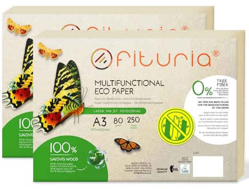 Recyclingpapier, A3, 80 g, Blatt, 100% aus Recyclingpapier, Packung mit recycelten Papierbögen, natürliche Farbe, geeignet für Laserdrucker und Inkjet, Gastronomie (500 Blatt)