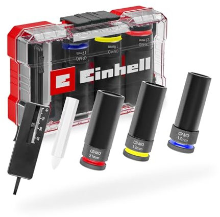 Set di bussole originali Einhell 5 pezzi (3 bussole da 80 mm, acciaio CrMo, manicotto in plastica, misuratore di profondità del battistrada, gesso per pneumatici, M-CASE, per cerchi in lega leggera)