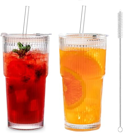 Juego de 2 vasos de 600 ml con tapas y popotes de vidrio, vasos para batidos, herméticos, diseño impermeable, taza de viaje, tazas de café helado, vasos acanalados para whisky, cóctel, cerveza