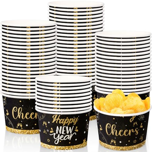 Potchen 50 Pack 9 oz Happy New Year Soup Bowls Disposable Paper Cups Winter Themed Disposable Dessert Bowls Cocktail Berry Paper Snack Cups for Hot and Cold Food Happy New Year's Eve Party Supplies