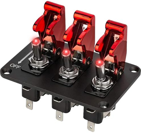 Jtron Panneau d'interrupteur à bascule 3 Gang, 12V 20A, Voyant LED Rouge avec Cache de Protection, Tableau de Commutation Étanche pour Voiture, Camion, Bateau, Caravane et Véhicules