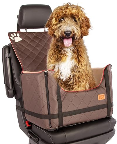 Golden Dog - Transportbox Hund mit Sicherheitsgurt XL-75x55x33 cm - Leder Imitation Autositz Hund, Wasserdicht Hundesitz Auto - Beifahrersitz Hundebox Faltbar - Anschnallgurt Hundekorb Auto, Braun