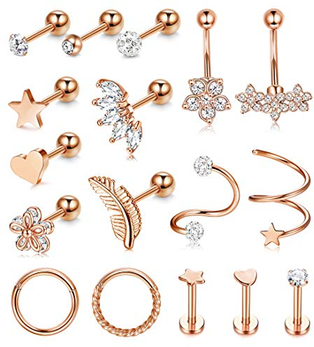 Kakonia 17 Stück Piercing Ohr für Frauen Ohrringe Ohrstecker Roségold Helix Piercings Chirurgenstahl Zirkonia Blume 16G Conch Daith Tragus Piercing Set
