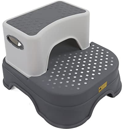 Taburete Escalonado para Niños Taburete Escalonado Doble Base Ensanchada Ajustable Taburete Escalonado para Niños Pequeños Taburete Escalonado Desmontable de 2 Capas(Gris Blanco)