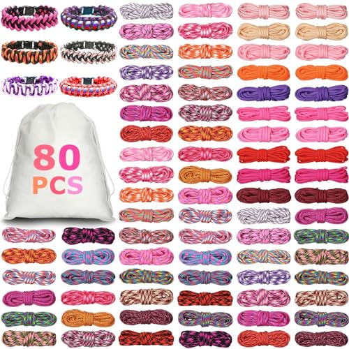 Riakrum 80 Pcs Paracord 550 10 Feet Multifunction Paracord Bracelet Making Kit Multifunction Paracords Rope with Bag Drawstring Parachute Cord for DIY Dog Collar Manual Braiding Craft(Pink Series)