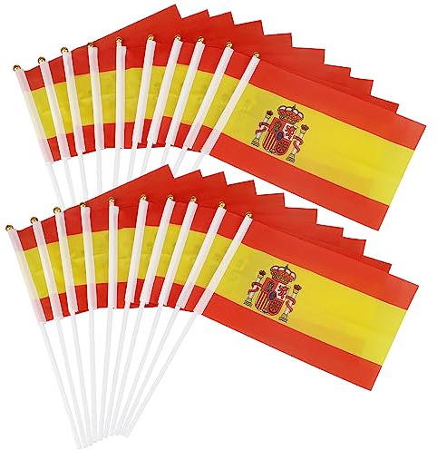 Lot de 20 mini drapeaux de l'Espagne - 14 x 21 cm - Agitant à la main - Petits fanions d'Espagne sur bâtons - Décoration de drapeaux nationaux - Coupe du monde de tennis