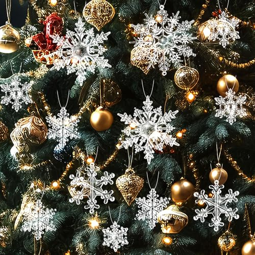 Weihnachtsbaum-Dekoration, glitzernde Schneeflocken-Ornamente, 40 Stück, transparente Weihnachts-Hängeschneeflocken-Dekorationen mit Schnur, Weihnachtsbaumschmuck für Winterurlaub,