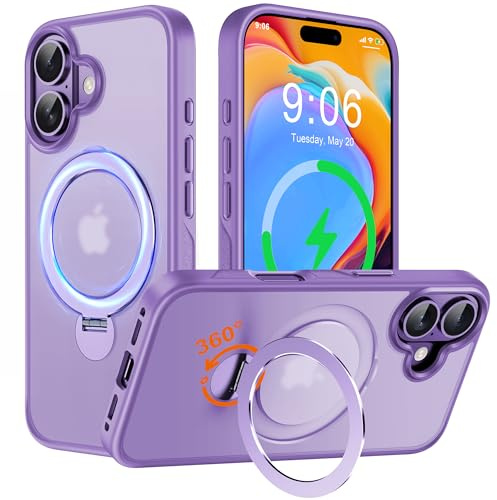 Multi-in-1 [Magnetic+ KickStand+ Ring Holder] for iPhone 16 Case, Compatible with MagSafe, Built-in 360° Rotatable Invisible Stand, Military Shockproof Silicone Frame Protective Magnetic Cover, Purple