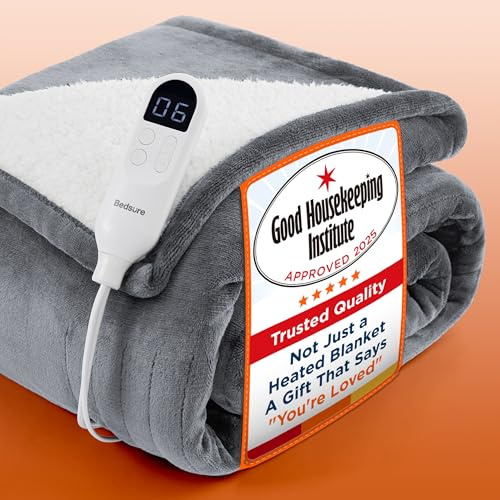 Bedsure Heated Blanket Electric Throw - Flannel Electric Blanket, Heating with 10 Time Settings, 6 Heat Settings, Overheat Protection, 130x160cm, Grey