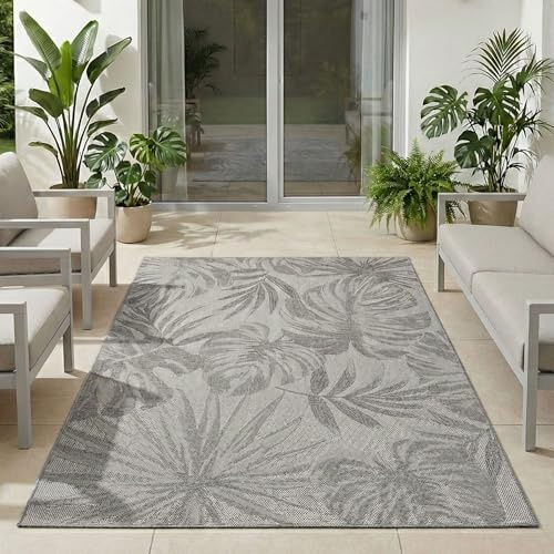 Carpetsale24 Outdoor Teppich Grau 200x290 cm, Wetterfest & UV-beständig, ideal für Küche, Balkon, Terrasse, Garten auch Wohnzimmer und Esszimmer, Palmblätter-Design, Leicht zu Reinigen