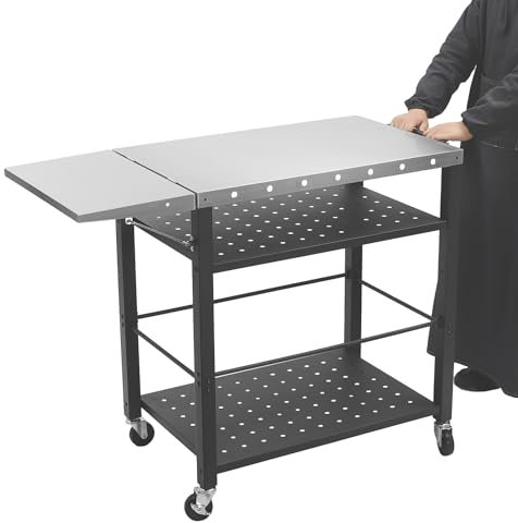 Chariot de barbecue avec table d'appoint pliable, table de préparation de cuisson avec roulettes, 4 niveaux, pour accessoires de barbecue et aliments, idéale pour le camping et les activités de plein