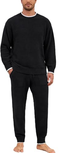 Snuggle Sac Mens Pajamas Set Fleece Winter Sleepwear Fuzzy Long Sleeve Soft Loungewear Sets with Pockets(X-Large, Black)